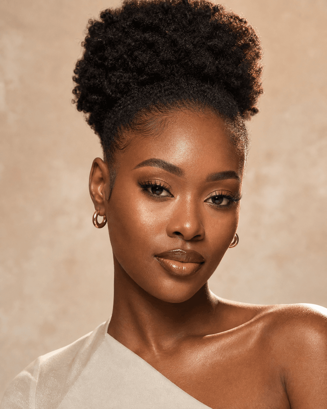 Campaign detail: glossy nude lip and softly bronzed cheek