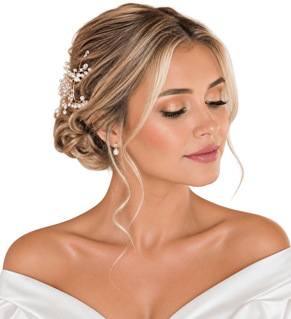 Campaign portrait: luminous bridal makeup with champagne lids, soft lashes and a rose lip