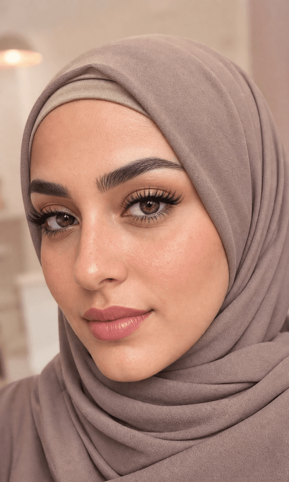 Style inspiration: fresh soft glam with fluttery lashes, taupe hijab